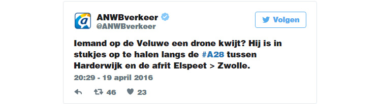 Drone crasht op snelweg A28 bij Hulshorst Drone crasht op snelweg A28 bij Hulshorst